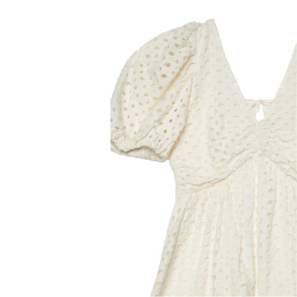 Oak Fort Eyelet Midi Dress Short Puff Sleeve Open Tie Back Gathered Front White - Picture 11 of 11